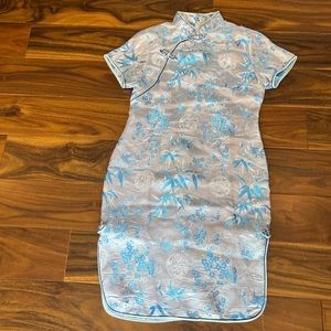 Girls’ size 16, Chinese Inspired Mid Length Blue Silky Embroidered Dress